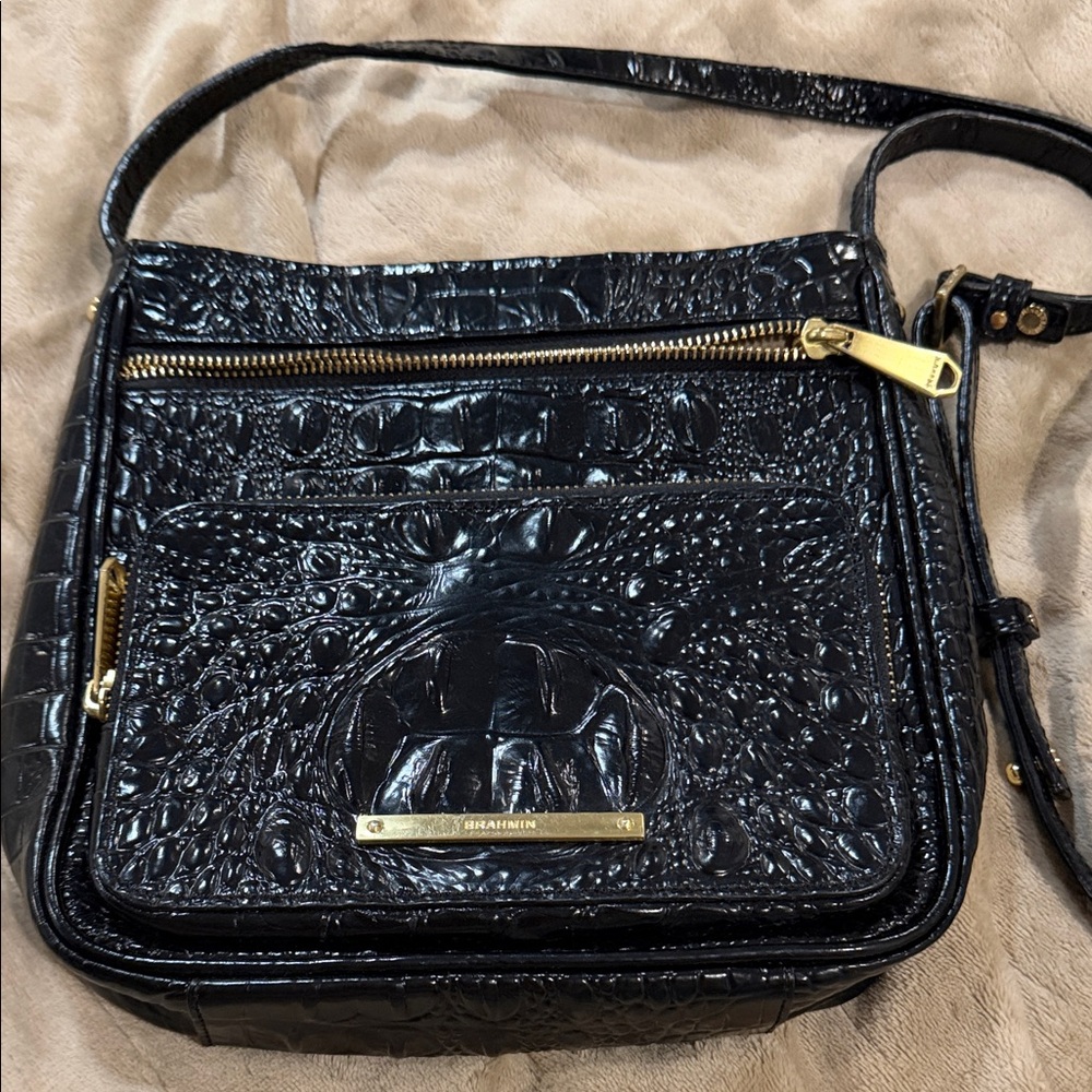 Brahmin Black Croc-Embossed Leather Crossbody with Gold Hardware